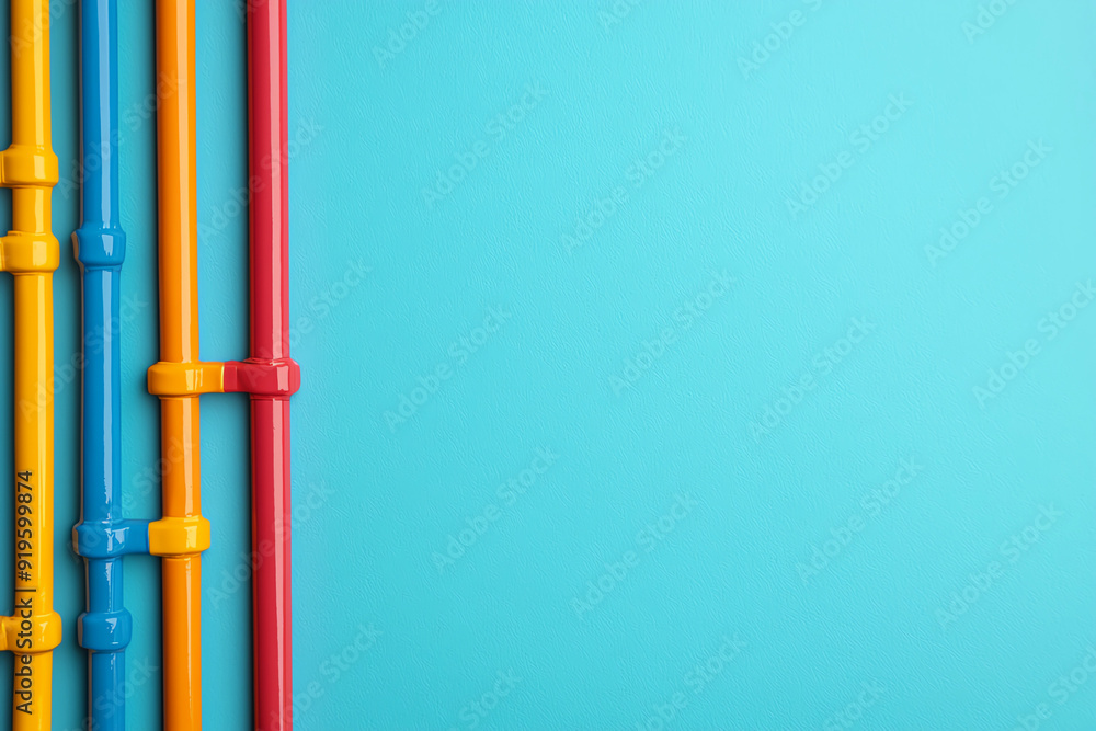 Colorful PVC pipes against a bright blue background, creating a vibrant and modern visual for creative projects. Colorful PVC pipes against a bright blue background, creating a vibrant and modern visual for creative projects.