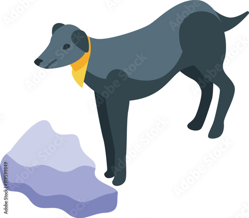 Rescue dog working on a rubble of stones and concrete, searching for missing people