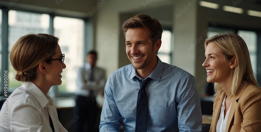 Smiling businesspeople having a discussion in an office Smiling businesspeople having a discussion in an office