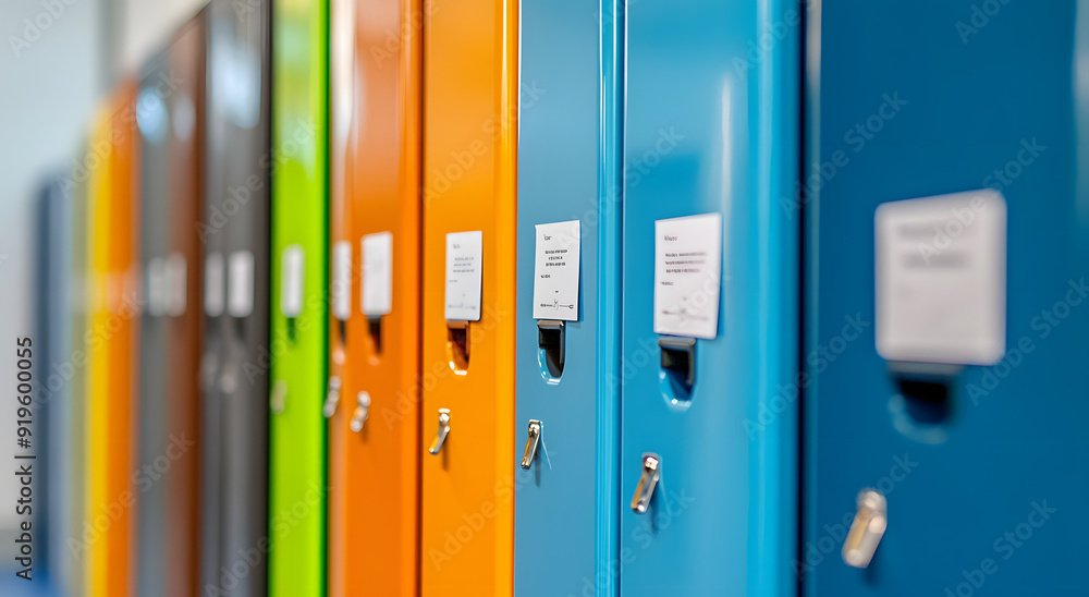 Row of Metal School Lockers in Various Colors with Handles Row of Metal School Lockers in Various Colors with Handles