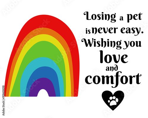 Rainbow Arc and Heart with Paw Print, Sympathy Pet Loss Card Vector Illustration