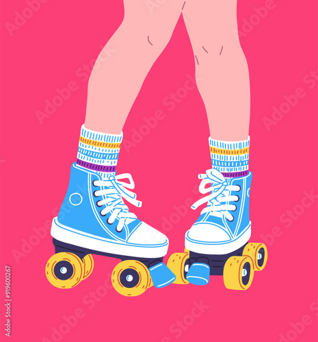 Teenager roller skating, vector girl skater on rollerblades on pink, legs on blue retro roller skates sneakers design