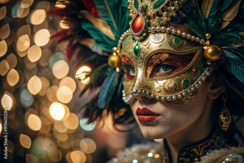 The Venetian Carnival. Close-up of a woman in an ornate carnival mask. Bright colors convey an atmosphere of celebration and luxury.