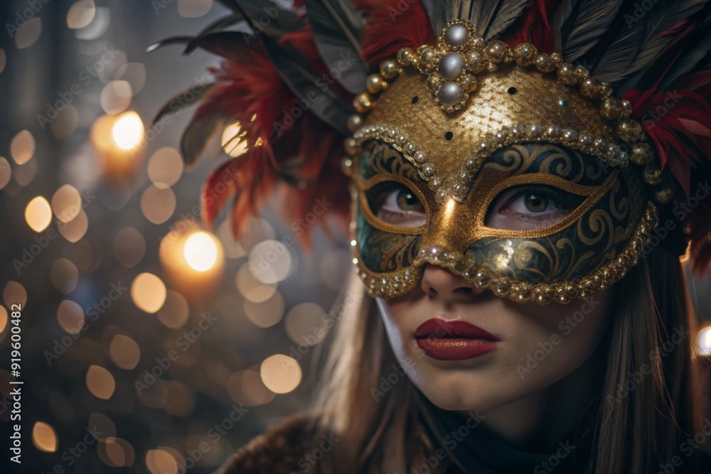 The Venetian Carnival. Close-up of a woman in an ornate carnival mask. Bright colors convey an atmosphere of celebration and luxury. The Venetian Carnival. Close-up of a woman in an ornate carnival mask. Bright colors convey an atmosphere of celebration and luxury.