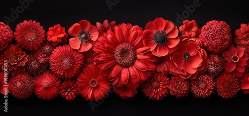 A close up view of a row of red flowers on a black background. The flowers are arranged in a line and are all in bloom. They are vibrant and colorful. 