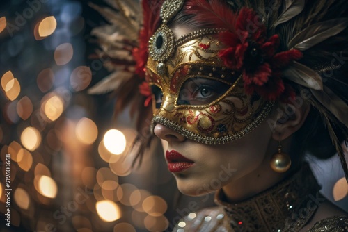 The Venetian Carnival. Close-up of a woman in an ornate carnival mask. Bright colors convey an atmosphere of celebration and luxury. photo