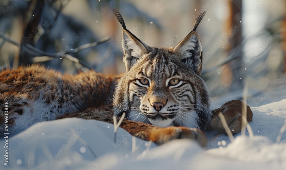 Obraz premium Lynx on a snowy forest floor, tufted ears and piercing gaze, wild animals in their natural habitat