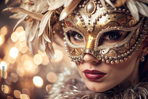 The Venetian Carnival. Close-up of a woman in an ornate carnival mask. Bright colors convey an atmosphere of celebration and luxury.