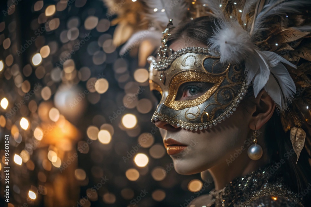 The Venetian Carnival. Close-up of a woman in an ornate carnival mask. Bright colors convey an atmosphere of celebration and luxury. The Venetian Carnival. Close-up of a woman in an ornate carnival mask. Bright colors convey an atmosphere of celebration and luxury.