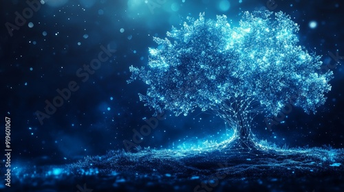 In this concept, a blue cyber polygonal tree with futuristic elements is arranged in a network connection technology or big data.