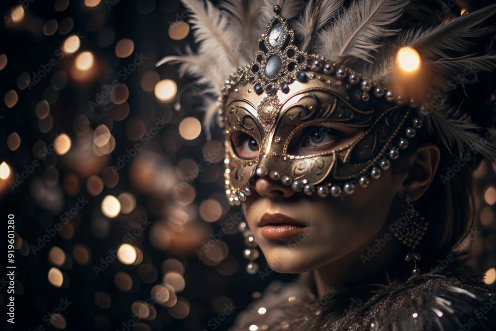 The Venetian Carnival. Close-up of a woman in an ornate carnival mask. Bright colors convey an atmosphere of celebration and luxury. The Venetian Carnival. Close-up of a woman in an ornate carnival mask. Bright colors convey an atmosphere of celebration and luxury.