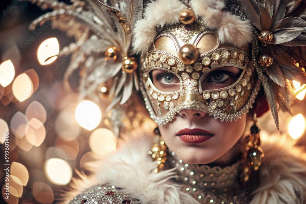 The Venetian Carnival. Close-up of a woman in an ornate carnival mask. Bright colors convey an atmosphere of celebration and luxury. The Venetian Carnival. Close-up of a woman in an ornate carnival mask. Bright colors convey an atmosphere of celebration and luxury.
