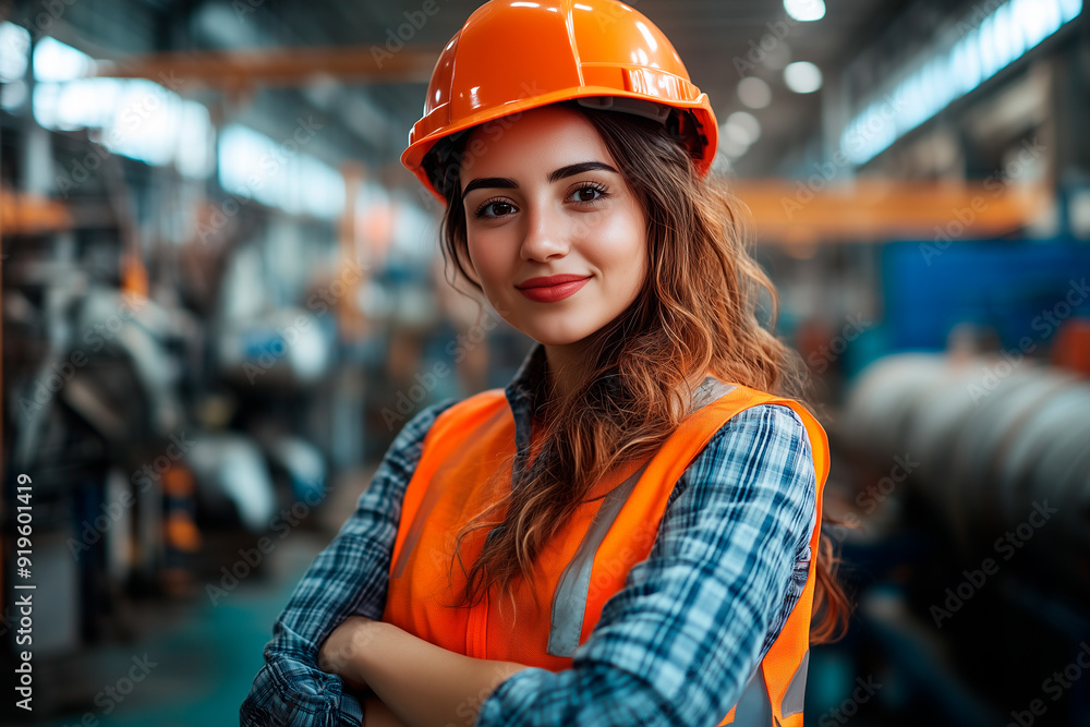 Empowered Latina woman industry supervisor with safety equipment Empowered Latina woman industry supervisor with safety equipment