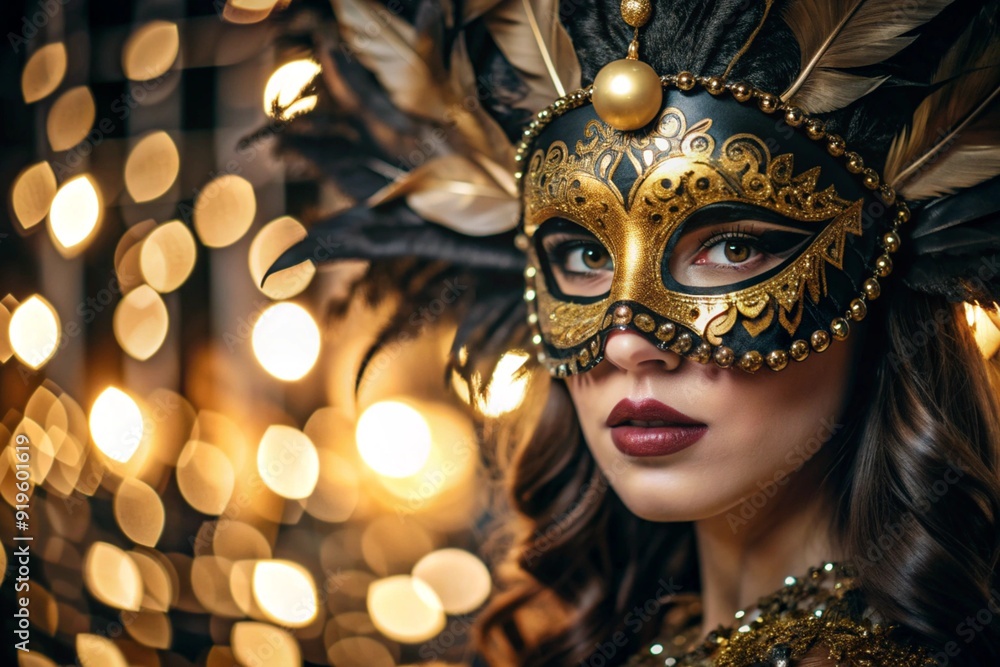 The Venetian Carnival. Close-up of a woman in an ornate carnival mask. Bright colors convey an atmosphere of celebration and luxury. The Venetian Carnival. Close-up of a woman in an ornate carnival mask. Bright colors convey an atmosphere of celebration and luxury.