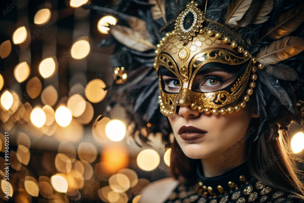The Venetian Carnival. Close-up of a woman in an ornate carnival mask. Bright colors convey an atmosphere of celebration and luxury. The Venetian Carnival. Close-up of a woman in an ornate carnival mask. Bright colors convey an atmosphere of celebration and luxury.