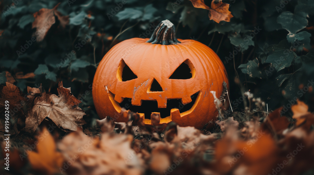 Fototapeta premium Creepy, scary, ominous, Freshly Halloween Carved Jack-o-Lantern Pumpkin. AI generation