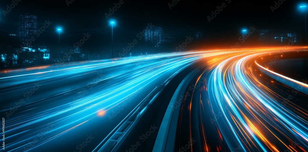 Conceptual art of light rays and blue stripes lines with motion blur. Digital image of light rays over a dark blue background. Conceptual art of light rays and blue stripes lines with motion blur. Digital image of light rays over a dark blue background.