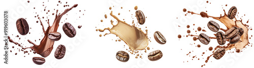 Coffee beans with a splash of coffee isolated on transparent background