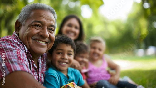 A happy multigenerational family enjoying a picnic in a lush green park with children playing and grandparents smiling, highlighting the warmth and unity of family bonds