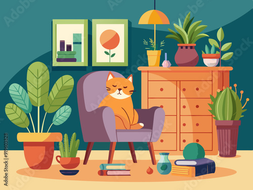 Interior with cat and houseplants. Composition with cozy home, relaxing pet cats on armchair and cupboard with flower and pots. Hygge room. Vector illustration
