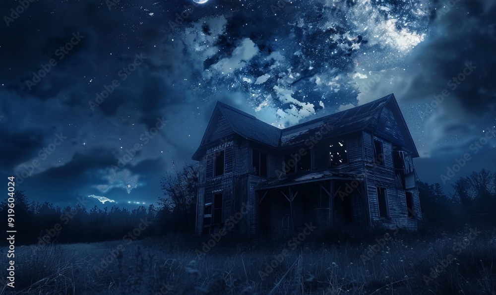 Mystical Night with Starry Sky and Abandoned House Mystical Night with Starry Sky and Abandoned House