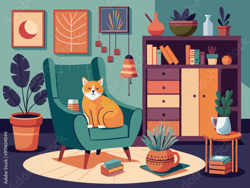 Interior with cat and houseplants. Composition with cozy home, relaxing pet cats on armchair and cupboard with flower and pots. Hygge room. Vector illustration
