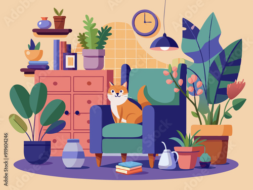 Interior with cat and houseplants. Composition with cozy home, relaxing pet cats on armchair and cupboard with flower and pots. Hygge room. Vector illustration
