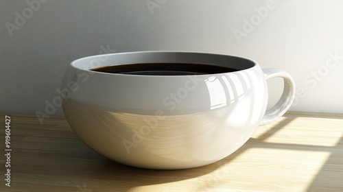 White mug filled with coffee on wood table.