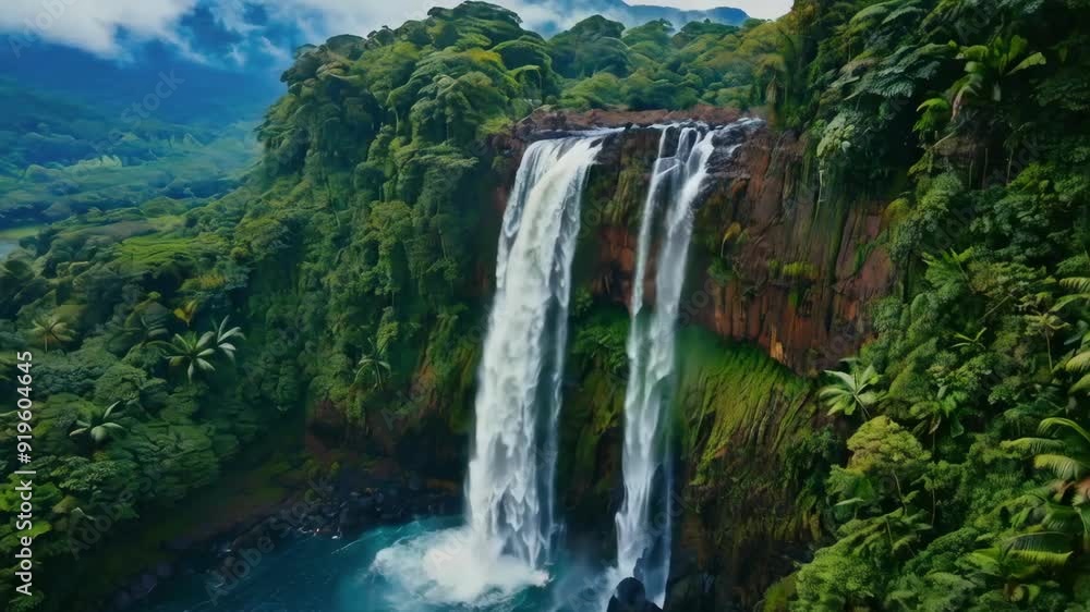 Breathtaking Aerial View of Waterfall Plunging into Turquoise Pool in Rainforest Breathtaking Aerial View of Waterfall Plunging into Turquoise Pool in Rainforest