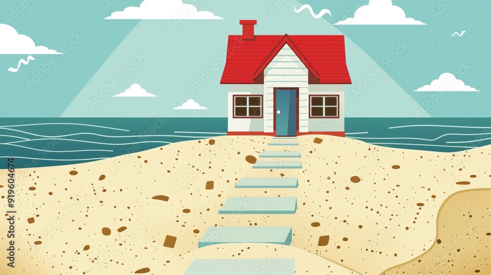 Obraz premium Charming seaside cottage with red roof on sandy beach under clear sky and scattered clouds. Concepts of beachfront living, peaceful retreats, and vacation homes.