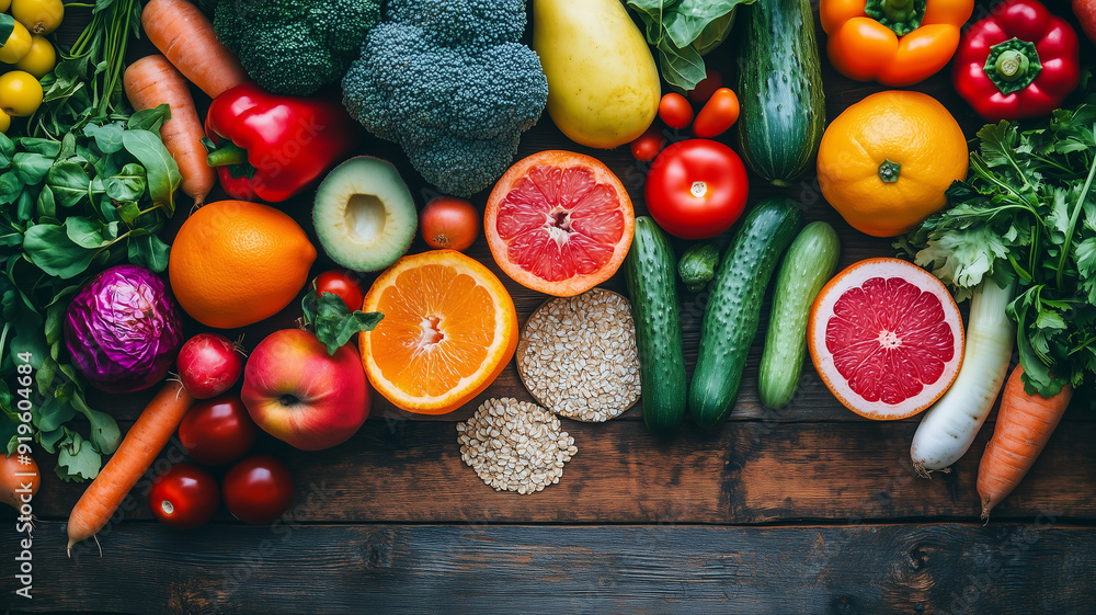 A colorful flat lay of fresh fruits, vegetables and whole grains on a rustic wooden table, symbolizing healthy eating and nutritious choices A colorful flat lay of fresh fruits, vegetables and whole grains on a rustic wooden table, symbolizing healthy eating and nutritious choices