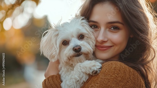 Portrait of beautiful young woman holding her dog in hands. Cute white dog in arms of loving owner