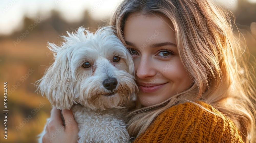 Portrait of beautiful young woman holding her dog in hands. Cute white dog in arms of loving owner Portrait of beautiful young woman holding her dog in hands. Cute white dog in arms of loving owner