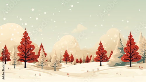 Snowy winter landscape with red trees and falling snow