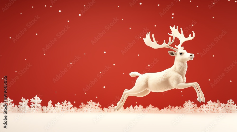 White reindeer leaping over snowflakes on a solid red background, flat design, front view, festive border theme, 3D render, colored pastel White reindeer leaping over snowflakes on a solid red background, flat design, front view, festive border theme, 3D render, colored pastel