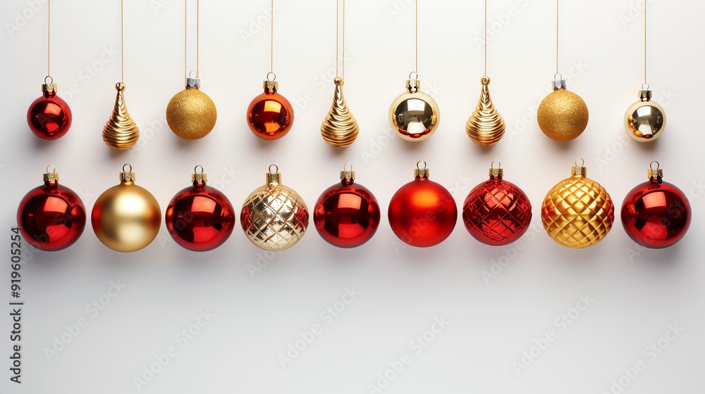 Red and gold Christmas ornaments hanging on white background. Red and gold Christmas ornaments hanging on white background.