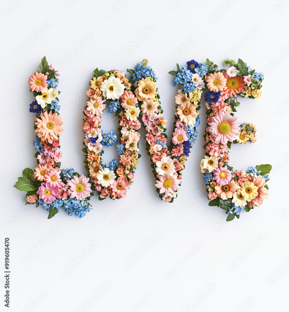 LOVE spelled out with colorful flowers on a white background, minimalist floral typography with vibrant seasonal blooms
LOVE spelled out with colorful flowers on a white background, minimalist floral typography with vibrant seasonal blooms