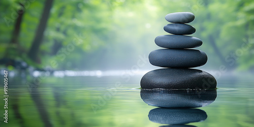 Zen Stacked Stones Reflecting in Calm River with Forest Background

 photo