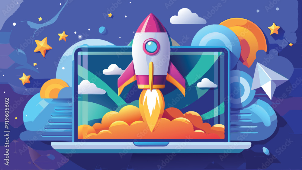 Rocket coming out of laptop screen, blue background. AI digital illustration Rocket coming out of laptop screen, blue background. AI digital illustration