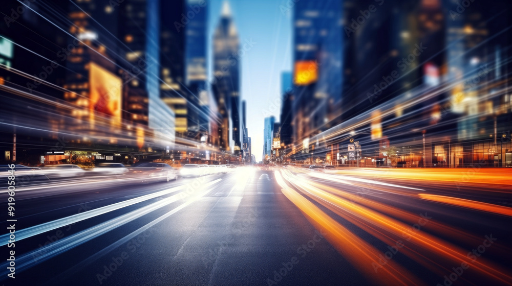 Fast-Moving Traffic in a Busy City Street During Twilight Hours. Shallow depth of feld Fast-Moving Traffic in a Busy City Street During Twilight Hours. Shallow depth of feld