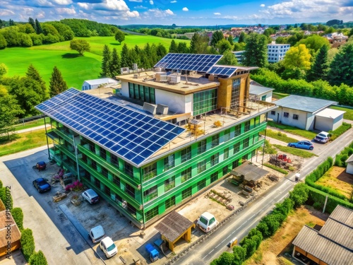 Green building site with solar panels  recycled materials  and eco-friendly equipment  showcasing environmentally responsible construction methods for a sustainable future.