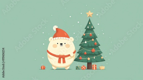 Wallpaper Mural Cute polar bear wearing a Santa hat decorating a Christmas tree Torontodigital.ca