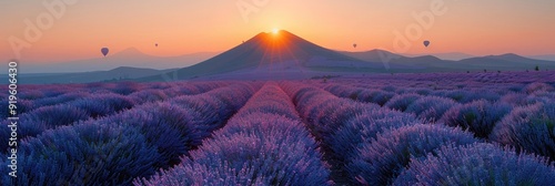 Witness hot air balloons soaring over a lavender field lit by the vibrant hues of sunrise