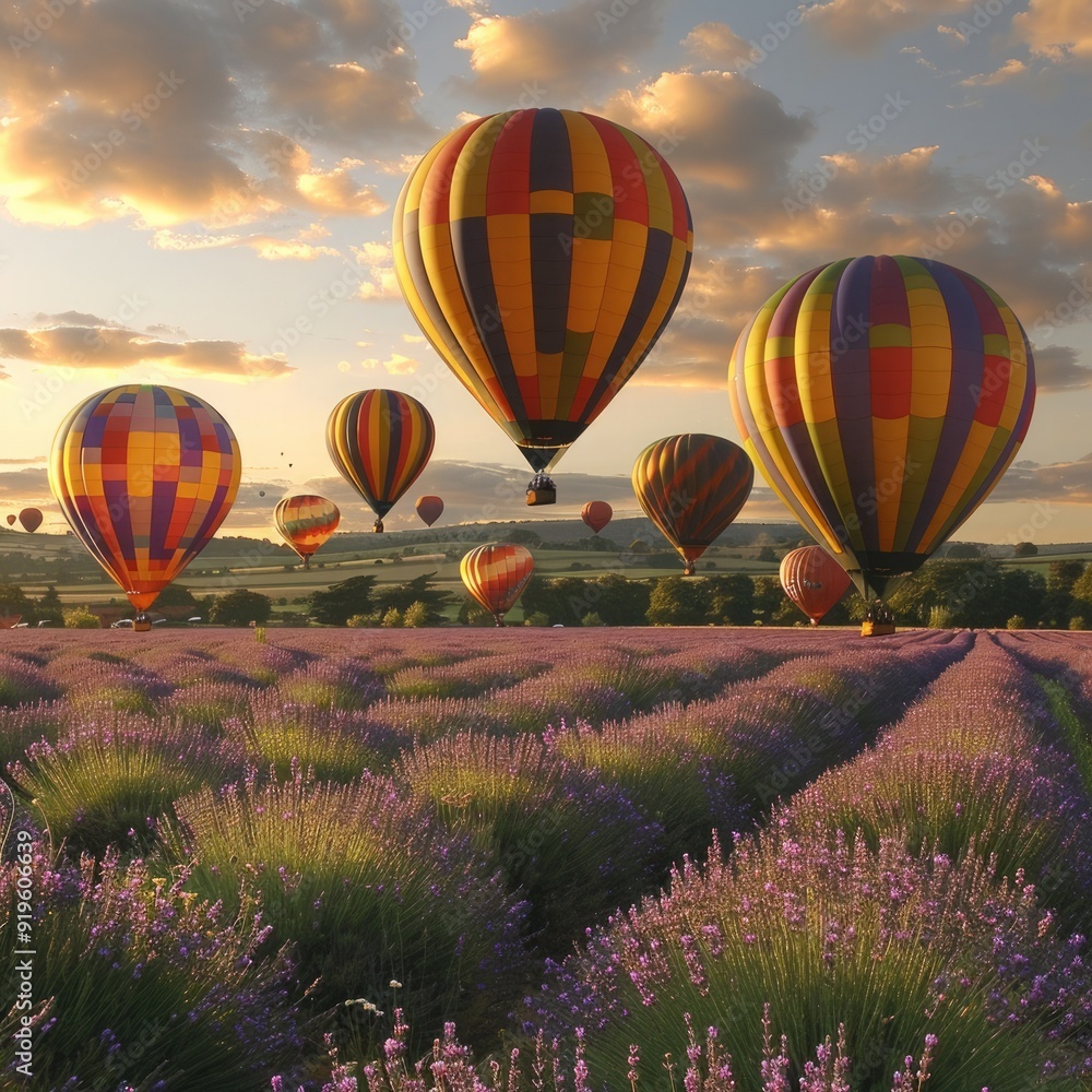 Obraz premium Witness hot air balloons soaring over a lavender field lit by the vibrant hues of sunrise