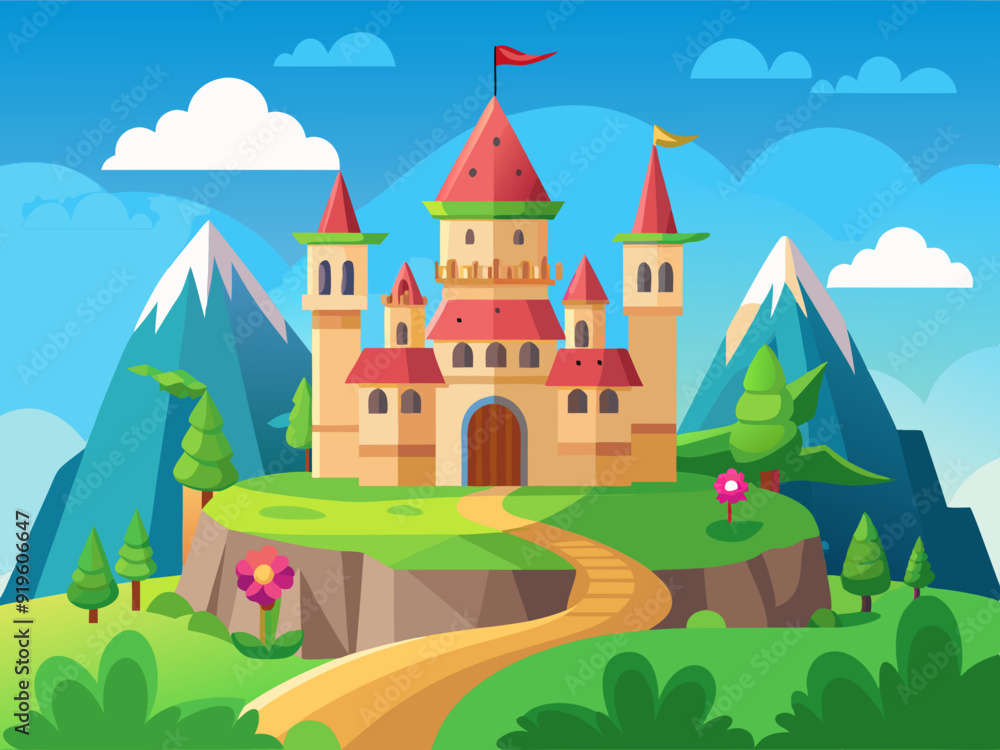 Fairy castle landscape. Cartoon magic rose palace on greem hill. Fantasy medieval kingdom tower. Fairytale fantasy background with royal princess castle. Vector illustration
Fairy castle landscape. Cartoon magic rose palace on greem hill. Fantasy medieval kingdom tower. Fairytale fantasy background with royal princess castle. Vector illustration