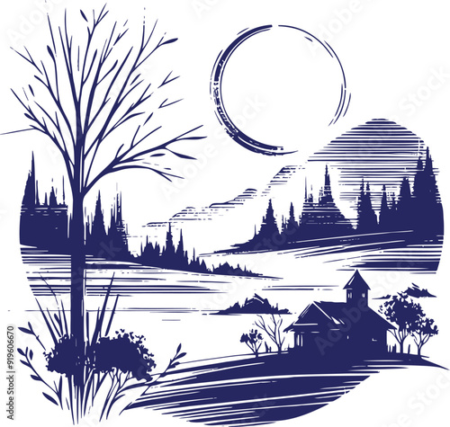 Monochrome vector illustration of rural landscape with trees and fields