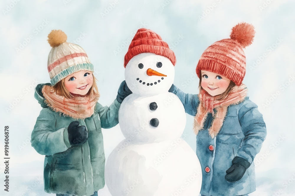 Children building a snowman together, watercolor, soft blues, joyful and bonding Children building a snowman together, watercolor, soft blues, joyful and bonding