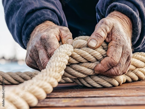 A close-up of an old sailor s weathered hands holding a coiled rope on a wooden deck photo