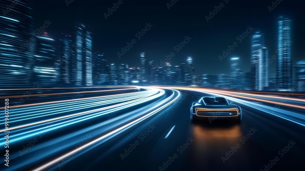 A futuristic car speeding down a neon-lit highway at night, with skyscrapers in the background A futuristic car speeding down a neon-lit highway at night, with skyscrapers in the background