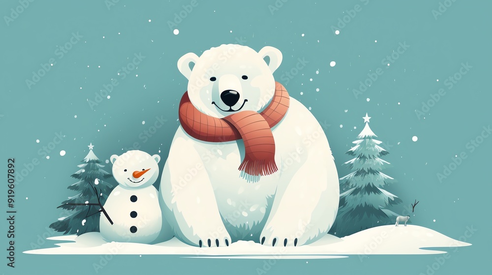 Smiling polar bear with red scarf and snowman in winter wonderland Smiling polar bear with red scarf and snowman in winter wonderland